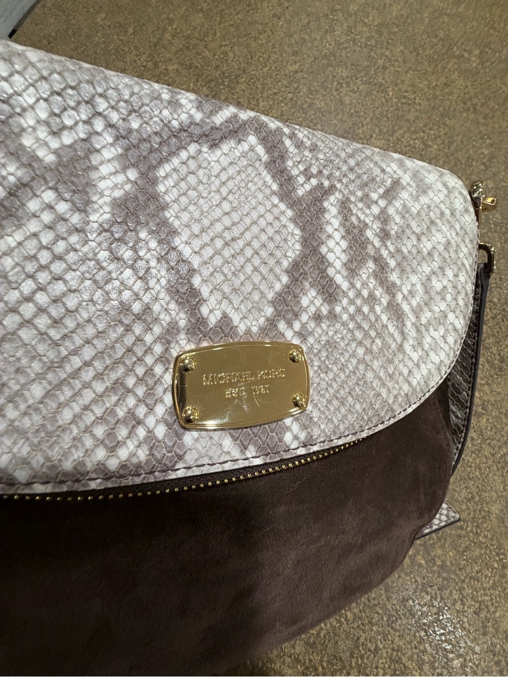 Michael Kors Brown Suede Crossbody with Snake-Print Flap - Picture 4 of 12